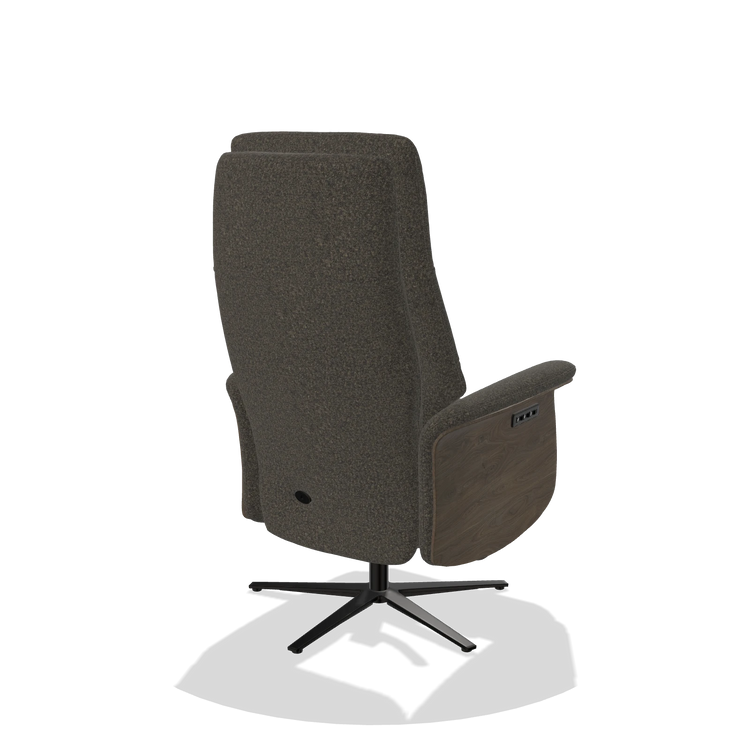 Recliner Atlas 6685 in Ascot Mouse fabric (chocolate), walnut wood side panels, black metal base, back angled view