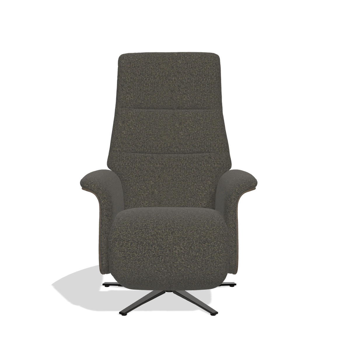 Recliner Atlas 6685 in Ascot Mouse fabric (chocolate), walnut wood side panels, black metal base, front view