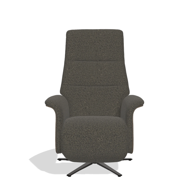 Recliner Atlas 6685 in Ascot Mouse fabric (chocolate), walnut wood side panels, black metal base, front view