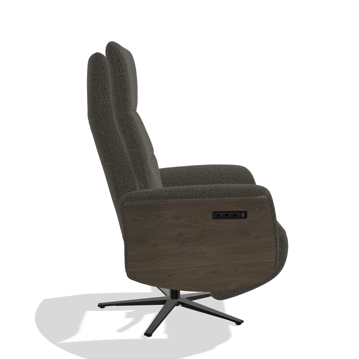 Recliner Atlas 6685 in Ascot Mouse fabric (chocolate), walnut wood side panels, black metal base, side view