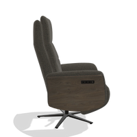 Recliner Atlas 6685 in Ascot Mouse fabric (chocolate), walnut wood side panels, black metal base, side view