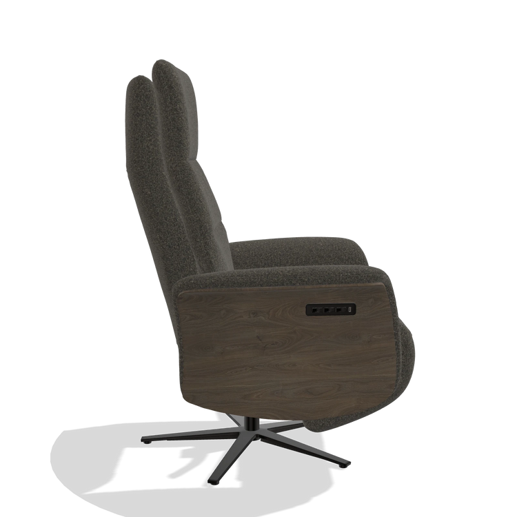 Recliner Atlas 6685 in Ascot Mouse fabric (chocolate), walnut wood side panels, black metal base, side view