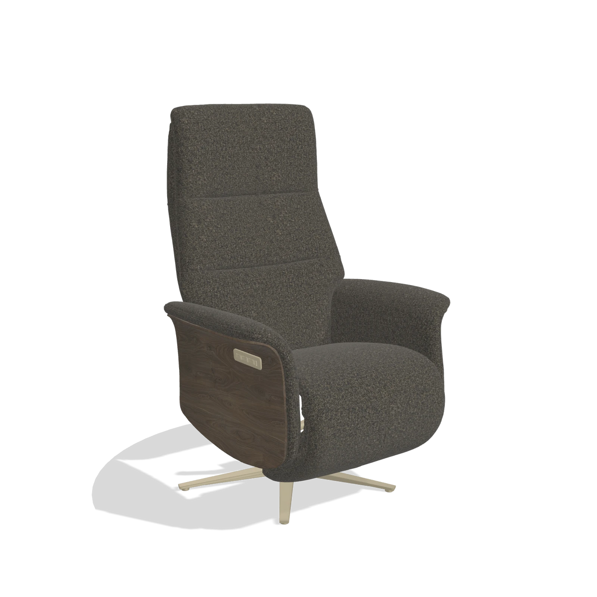 Recliner Atlas 6685 in Ascot Mouse fabric (chocolate), walnut wood side panels, champagne metal base, angled view
