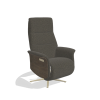 Recliner Atlas 6685 in Ascot Mouse fabric (chocolate), walnut wood side panels, champagne metal base, angled view