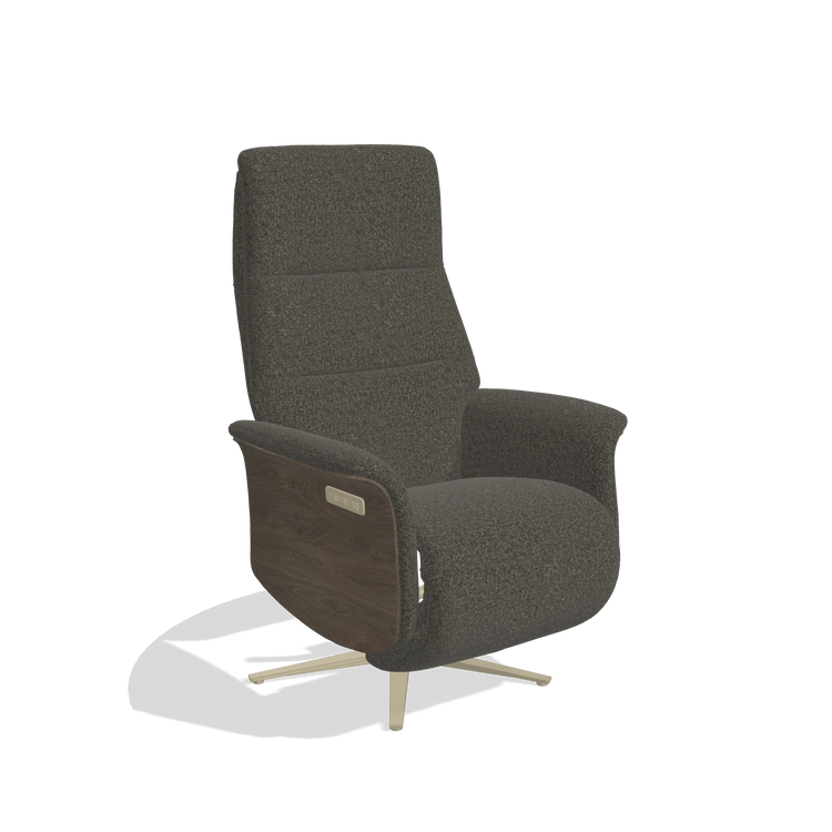 Recliner Atlas 6685 in Ascot Mouse fabric (chocolate), walnut wood side panels, champagne metal base, angled view