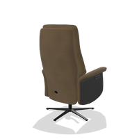 Recliner Atlas 6685 in Leather A802 (olive), black wood side panels, black metal base, back angled view
