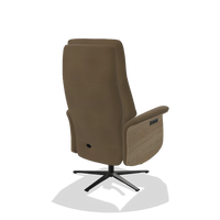 Recliner Atlas 6685 in Leather A802 (olive), natural wood side panels, black metal base, back angled view