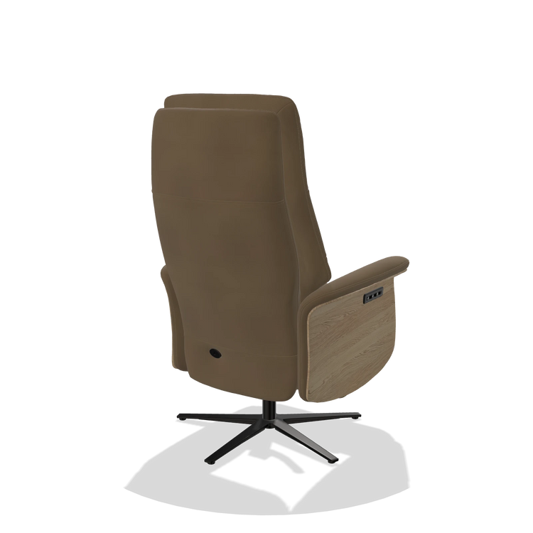 Recliner Atlas 6685 in Leather A802 (olive), natural wood side panels, black metal base, back angled view