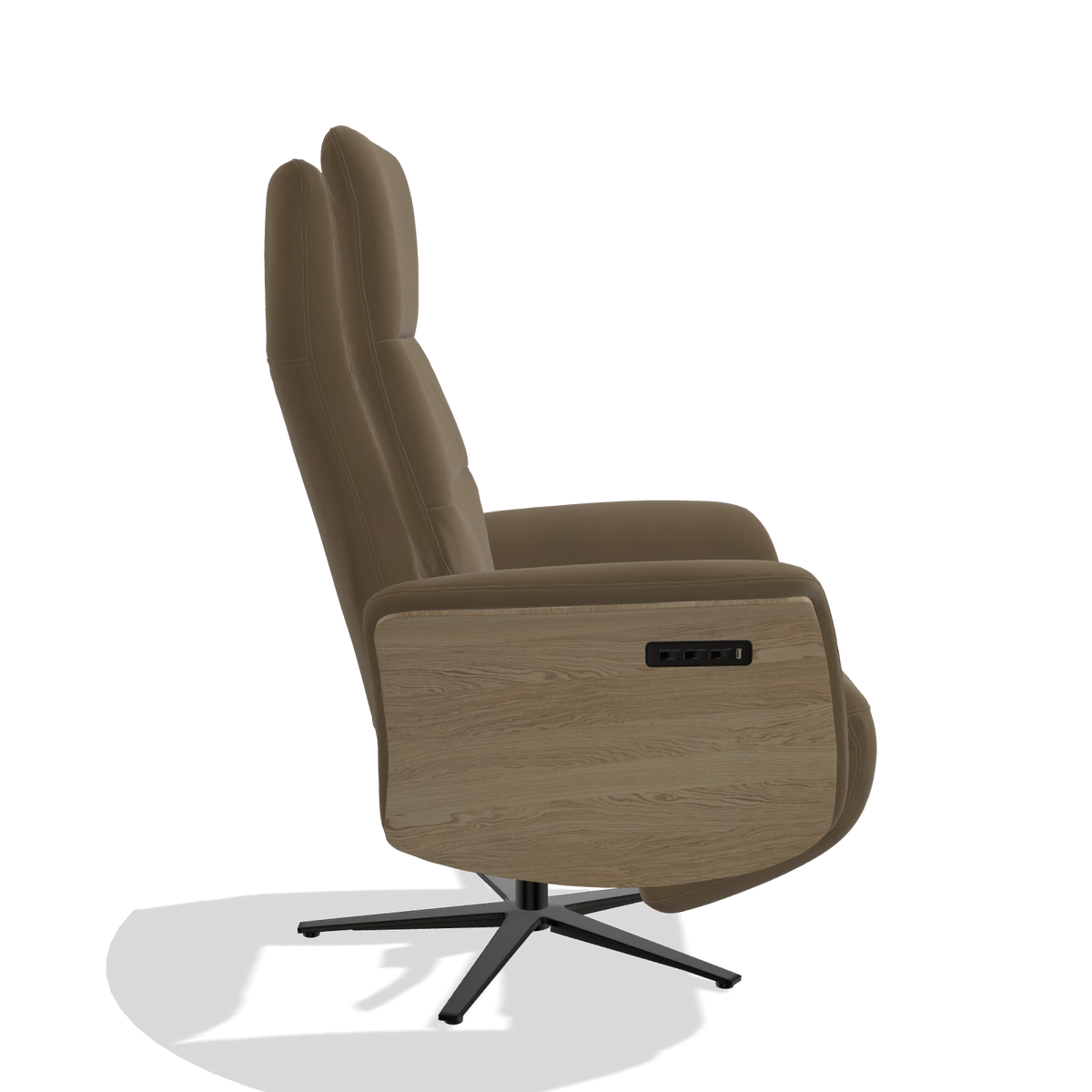 Recliner Atlas 6685 in Leather A802 (olive), natural wood side panels, black metal base, side view
