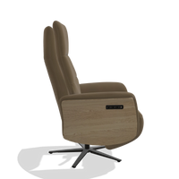 Recliner Atlas 6685 in Leather A802 (olive), natural wood side panels, black metal base, side view
