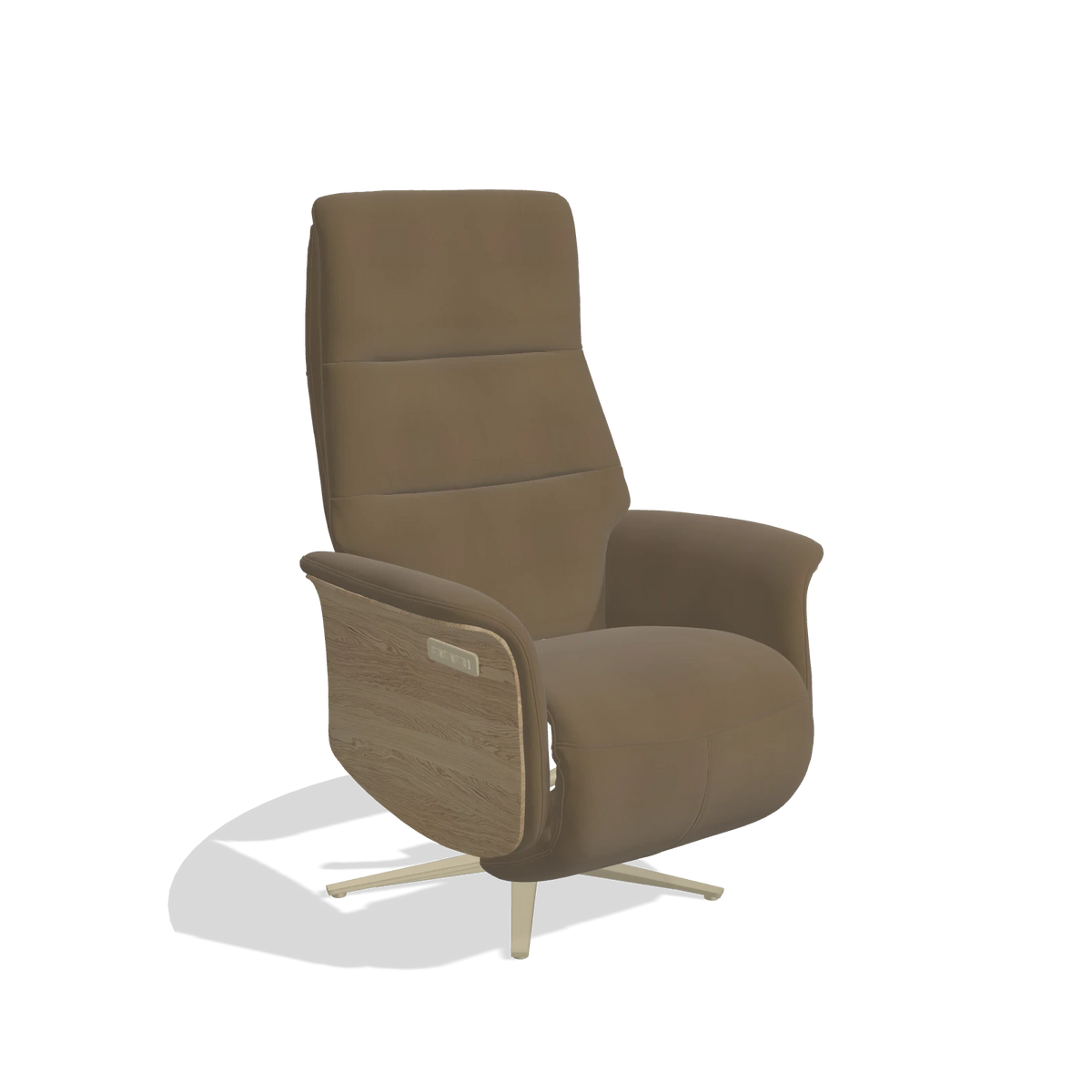 Recliner Atlas 6685 in Leather A802 (olive), natural wood side panels, champagne metal base, angled view