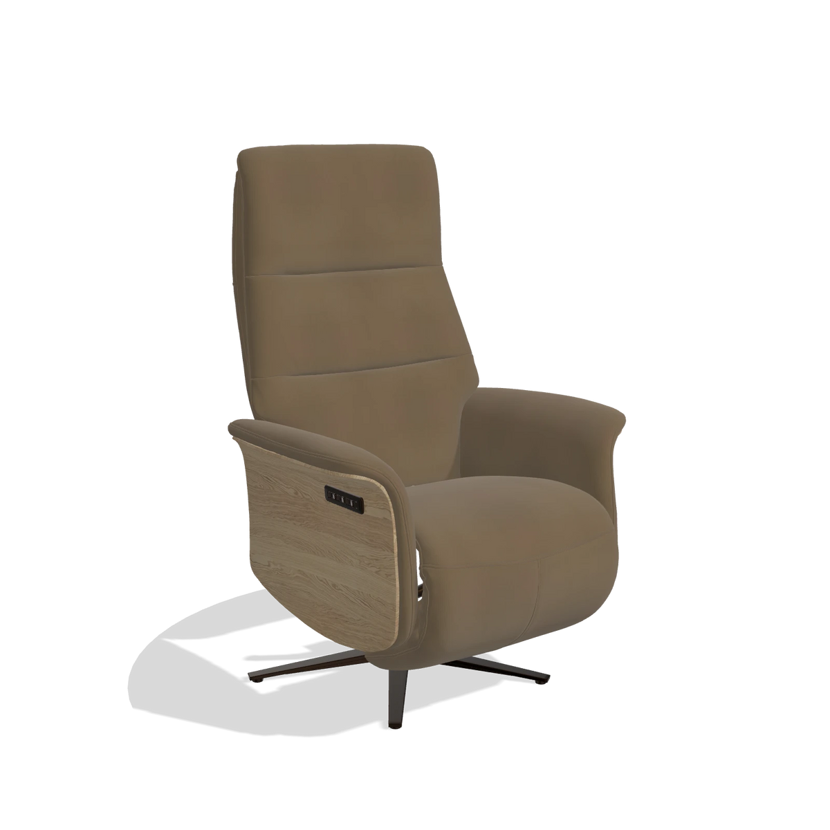 Recliner Atlas 6685 in Leather A802 (olive), natural wood side panels, espresso metal base, angled view