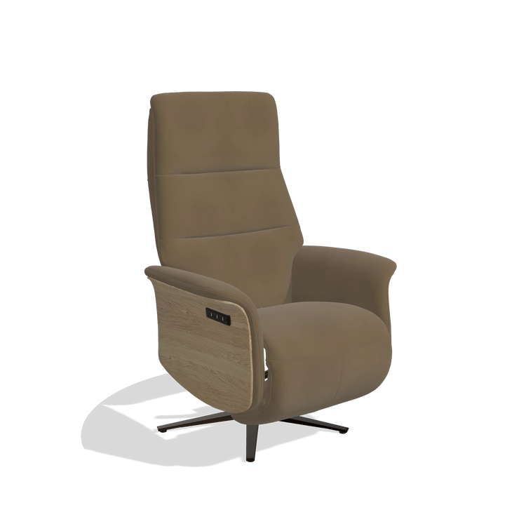 Recliner Atlas 6685 in Leather A802 (olive), natural wood side panels, espresso metal base, angled view