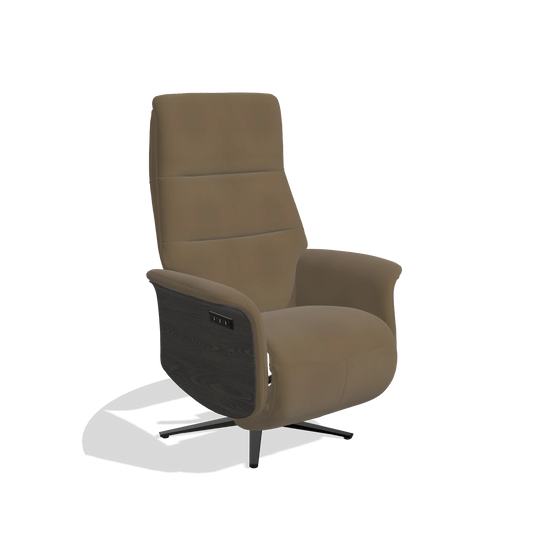 Sillón reclinable Atlas 6685 en Piel A802 (oliva), paneles laterales de madera en tabaco, base metálica en negro, vista en ángulo
