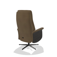 Recliner Atlas 6685 in Leather A802 (olive), tobacco wood side panels, black metal base, back angled view