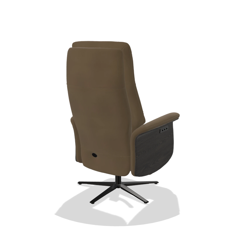 Recliner Atlas 6685 in Leather A802 (olive), tobacco wood side panels, black metal base, back angled view
