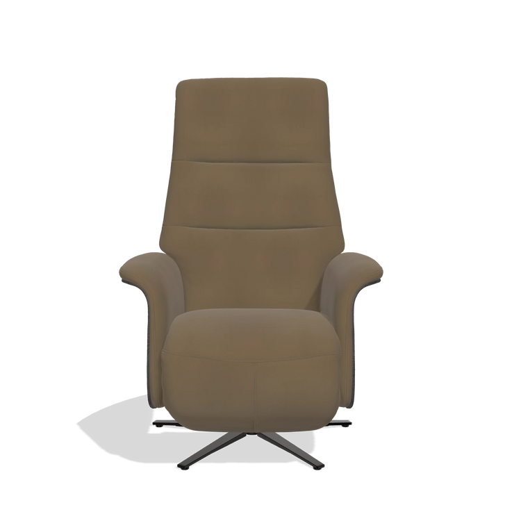 Recliner Atlas 6685 in Leather A802 (olive), tobacco wood side panels, black metal base, front view