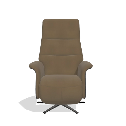 Sillón reclinable Atlas 6685 en Piel A802 (oliva), paneles laterales de madera en tabaco, base metálica en negro, vista frontal
