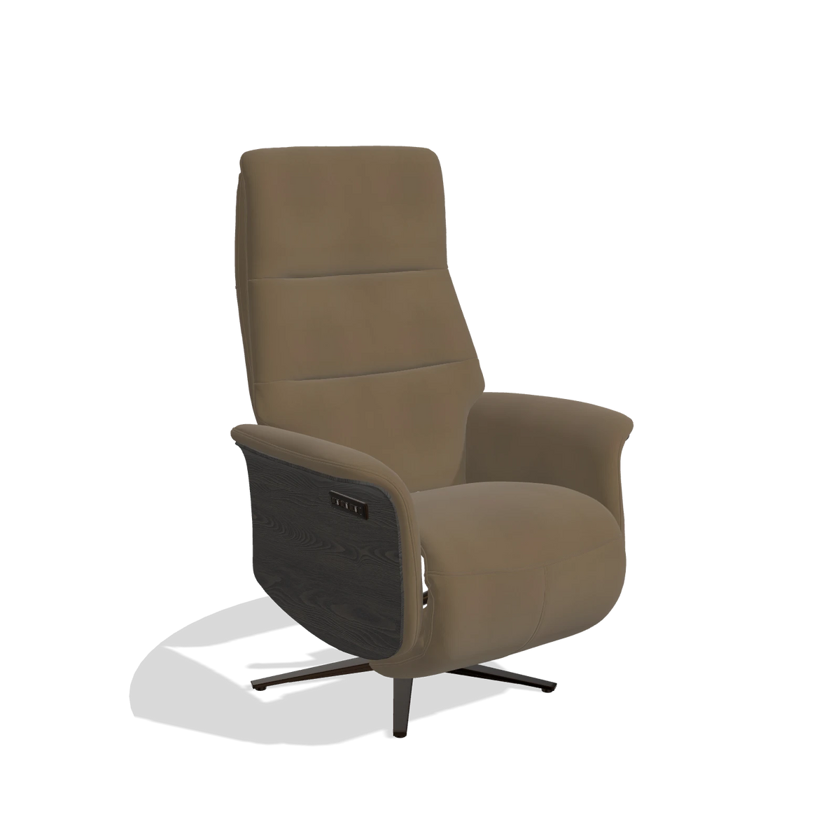 Recliner Atlas 6685 in Leather A802 (olive), tobacco wood side panels, espresso metal base, angled view