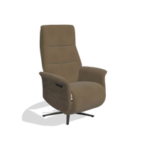 Recliner Atlas 6685 in Leather A802 (olive), walnut wood side panels, black metal base, angled view