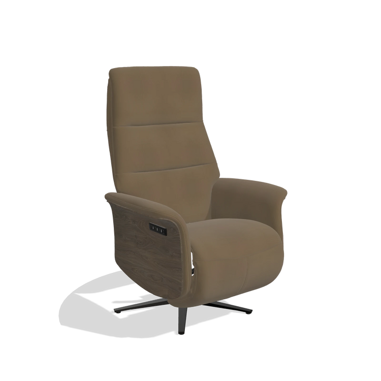 Recliner Atlas 6685 in Leather A802 (olive), walnut wood side panels, black metal base, angled view