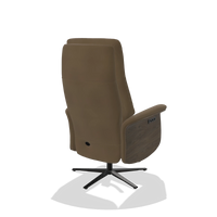 Recliner Atlas 6685 in Leather A802 (olive), walnut wood side panels, black metal base, back angled view