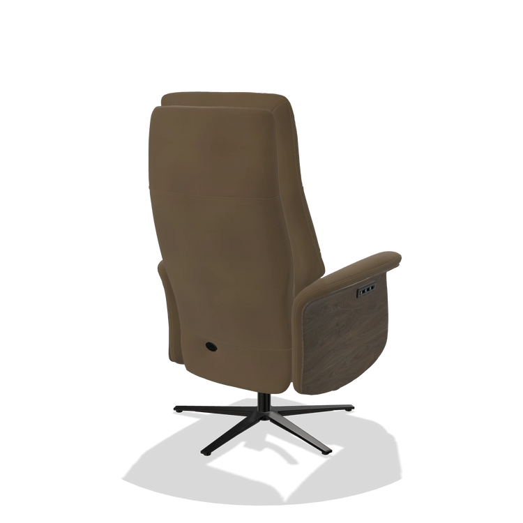 Recliner Atlas 6685 in Leather A802 (olive), walnut wood side panels, black metal base, back angled view