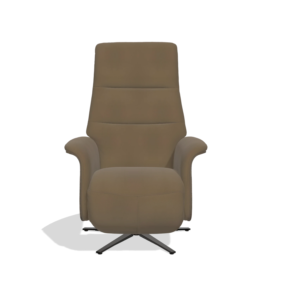 Recliner Atlas 6685 in Leather A802 (olive), walnut wood side panels, black metal base, front view