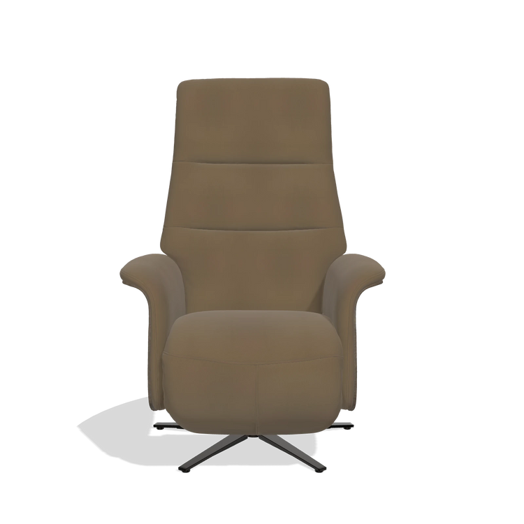Recliner Atlas 6685 in Leather A802 (olive), walnut wood side panels, black metal base, front view