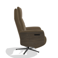 Recliner Atlas 6685 in Leather A802 (olive), walnut wood side panels, black metal base, side view