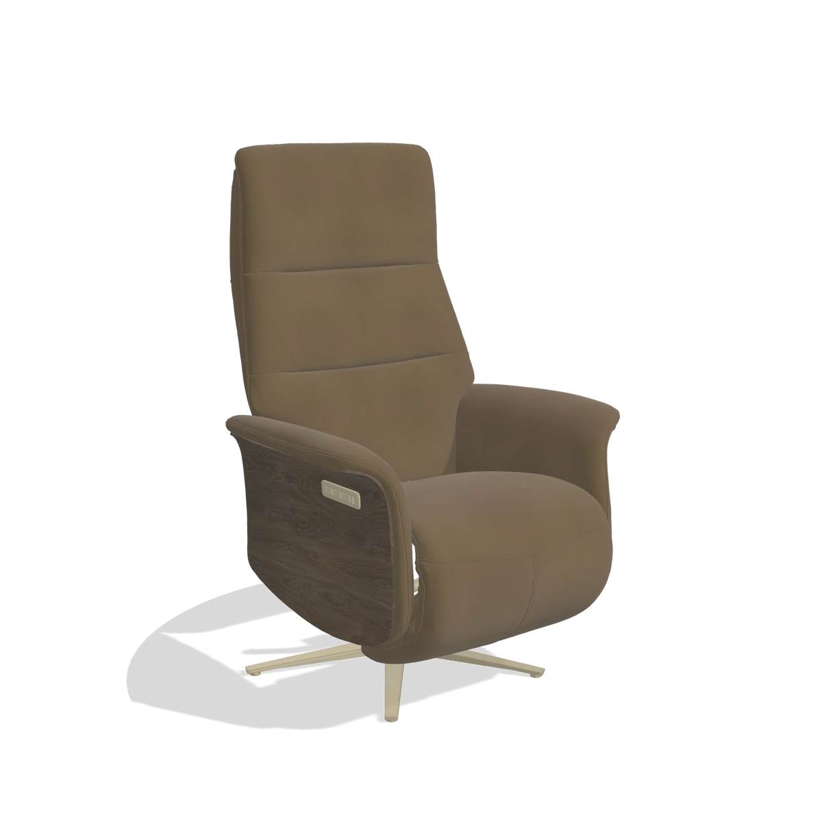 Recliner Atlas 6685 in Leather A802 (olive), walnut wood side panels, champagne metal base, angled view