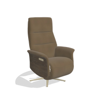 Recliner Atlas 6685 in Leather A802 (olive), walnut wood side panels, champagne metal base, angled view