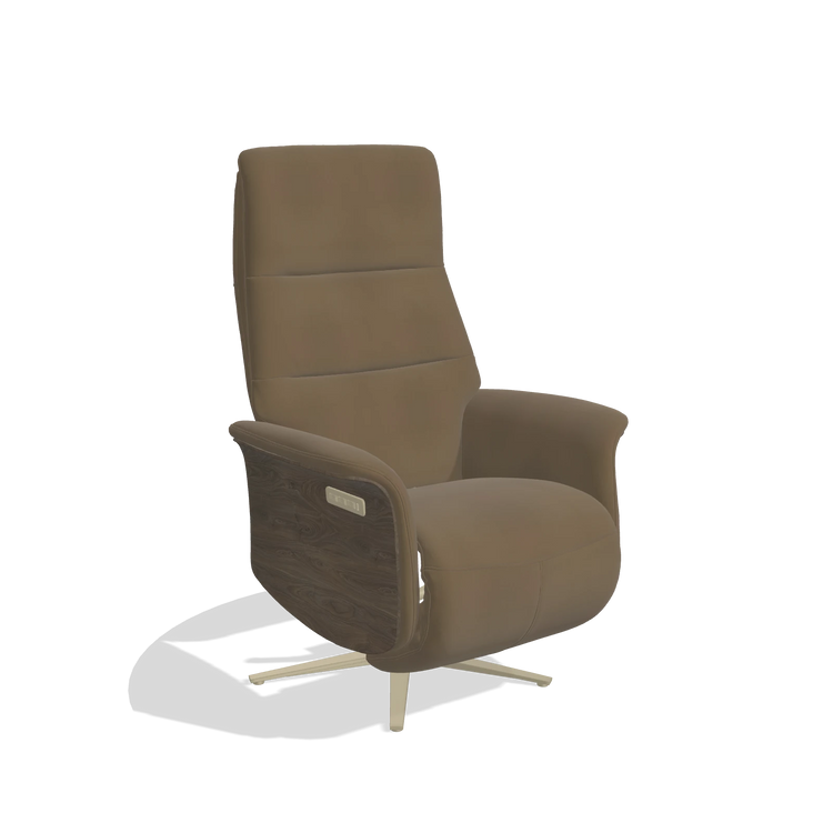 Recliner Atlas 6685 in Leather A802 (olive), walnut wood side panels, champagne metal base, angled view
