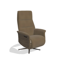 Recliner Atlas 6685 in Leather A802 (olive), walnut wood side panels, espresso metal base, angled view