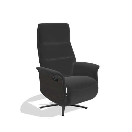 Sillón reclinable Atlas 6685 en Piel A804 (negro), paneles laterales de madera en tabaco, base metálica en negro, vista en ángulo