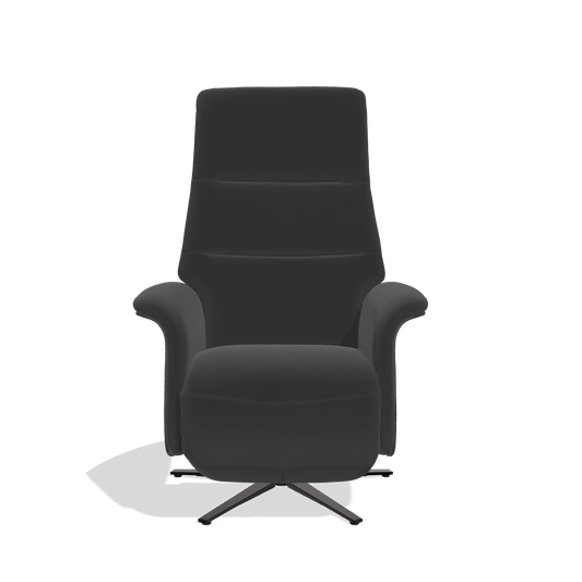 Sillón reclinable Atlas 6685 en Piel A804 (negro), paneles laterales de madera en tabaco, base metálica en negro, vista frontal