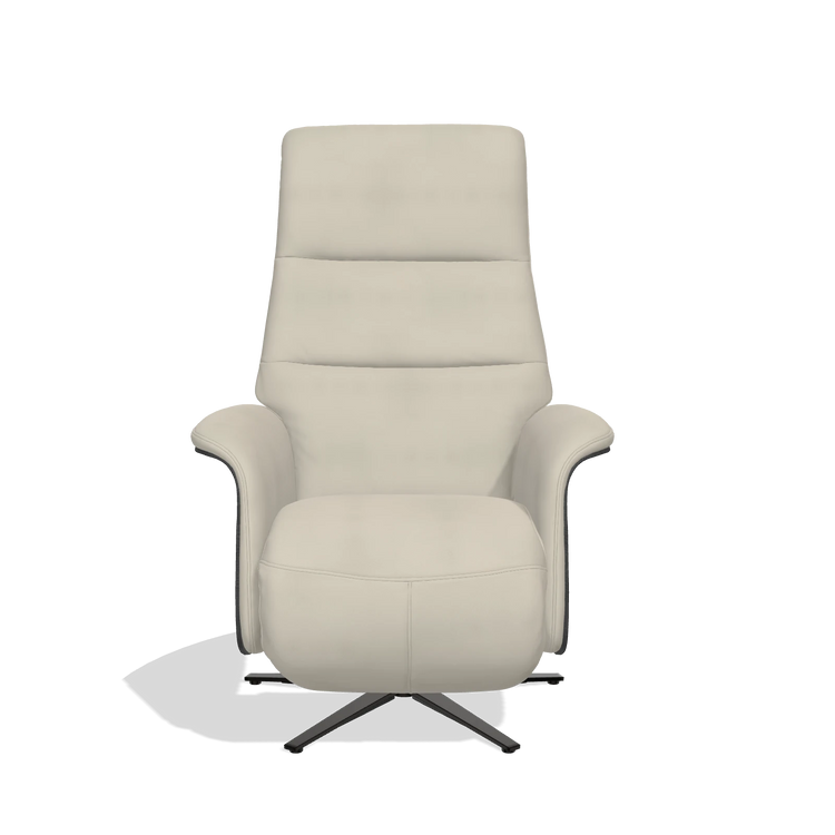 Recliner Atlas 6685 in Leather A822 (light grey), black wood side panels, black metal base, front view