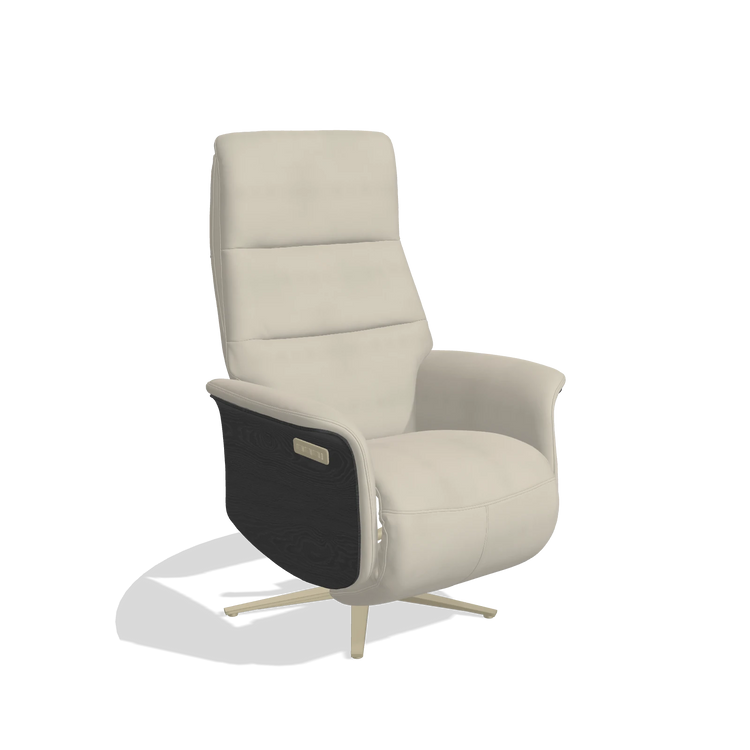 Recliner Atlas 6685 in Leather A822 (light grey), black wood side panels, champagne metal base, angled view