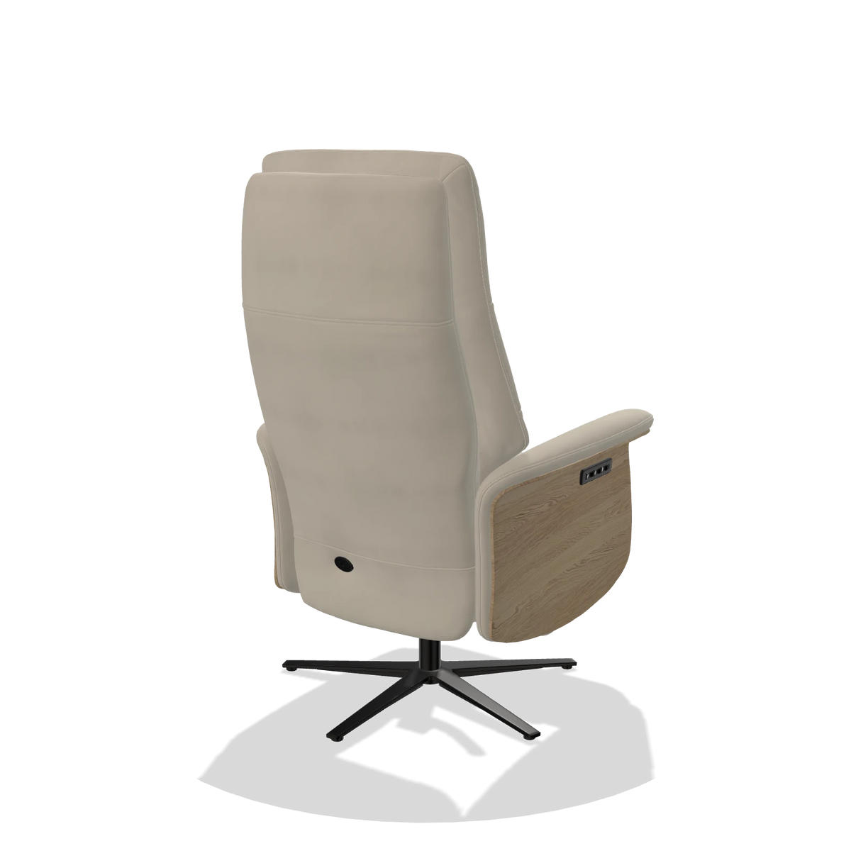 Recliner Atlas 6685 in Leather A822 (light grey), natural wood side panels, black metal base, back angled view