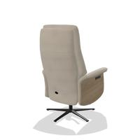 Recliner Atlas 6685 in Leather A822 (light grey), natural wood side panels, black metal base, back angled view