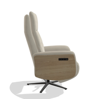 Recliner Atlas 6685 in Leather A822 (light grey), natural wood side panels, black metal base, side view