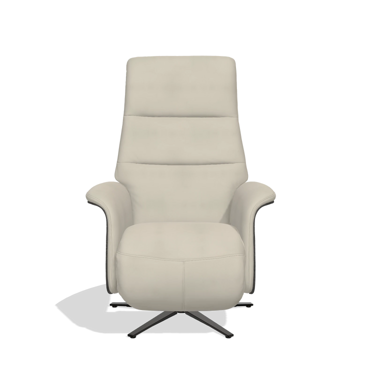 Recliner Atlas 6685 in Leather A822 (light grey), tobacco wood side panels, black metal base, front view