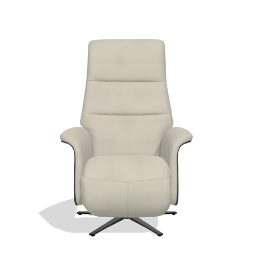 Sillón reclinable Atlas 6685 en Piel A822 (gris claro), paneles laterales de madera en tabaco, base metálica en negro, vista frontal