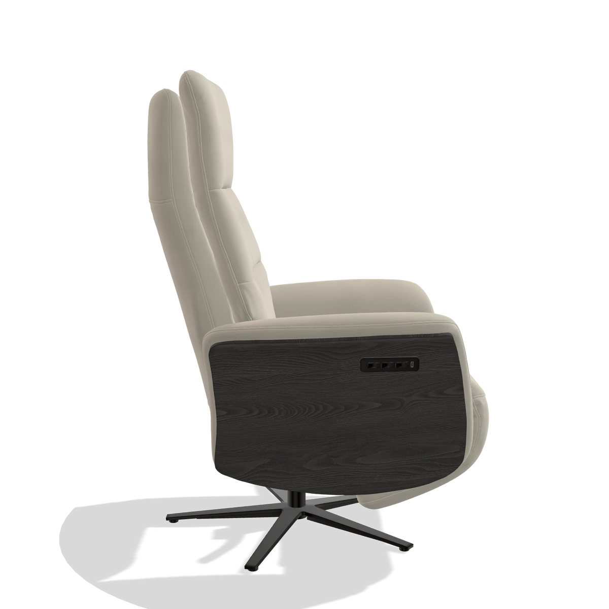 Recliner Atlas 6685 in Leather A822 (light grey), tobacco wood side panels, black metal base, side view