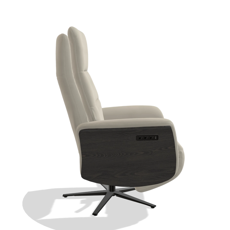 Recliner Atlas 6685 in Leather A822 (light grey), tobacco wood side panels, black metal base, side view