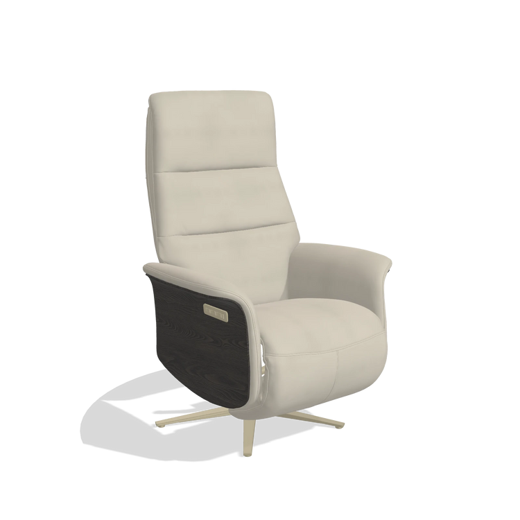 Recliner Atlas 6685 in Leather A822 (light grey), tobacco wood side panels, champagne metal base, angled view