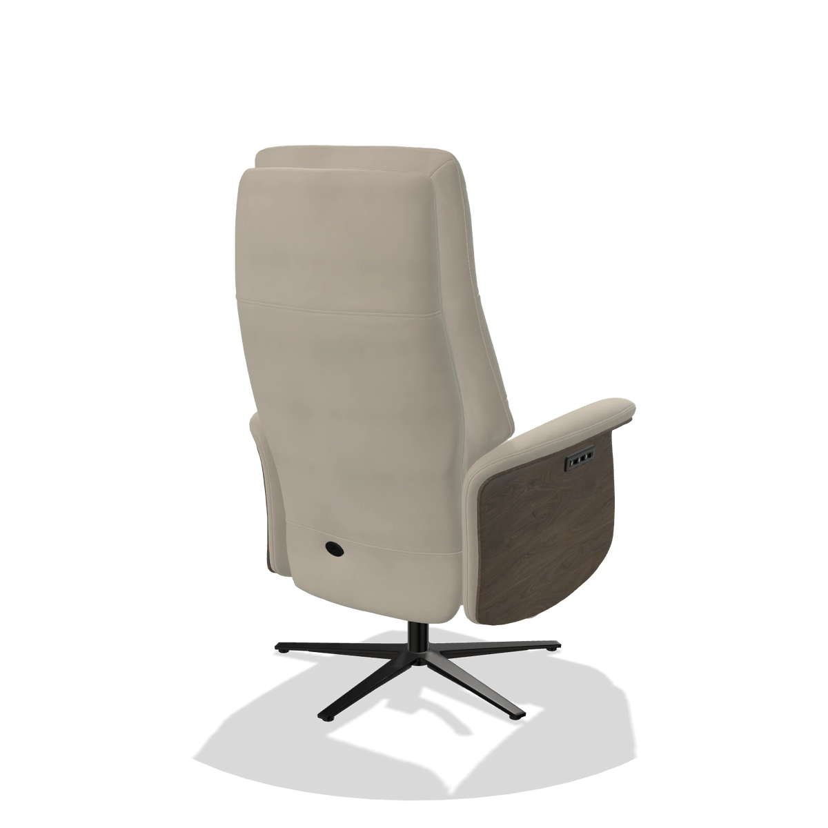 Recliner Atlas 6685 in Leather A822 (light grey), walnut wood side panels, black metal base, back angled view