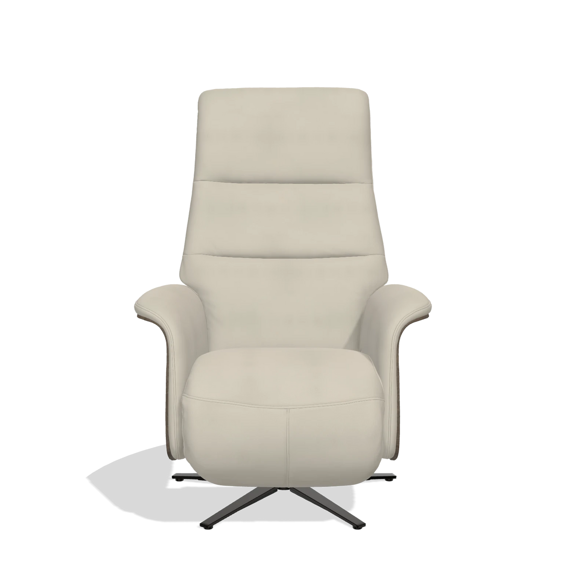 Recliner Atlas 6685 in Leather A822 (light grey), walnut wood side panels, black metal base, front view