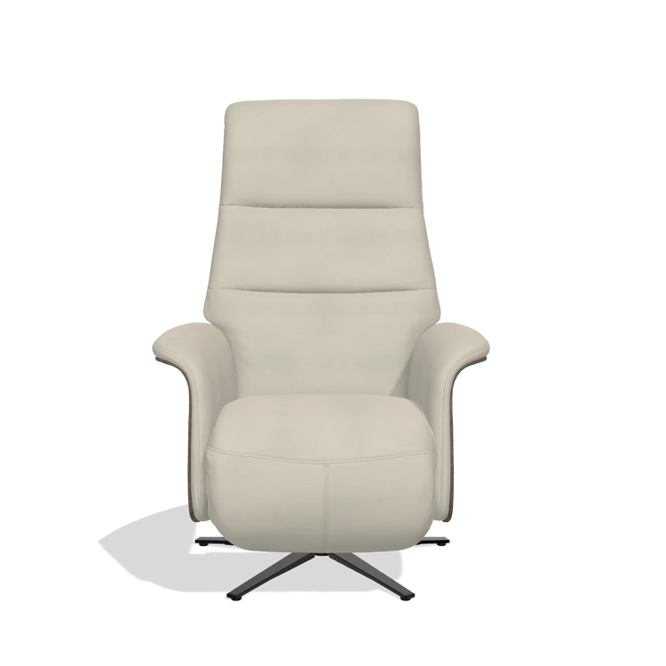 Recliner Atlas 6685 in Leather A822 (light grey), walnut wood side panels, black metal base, front view