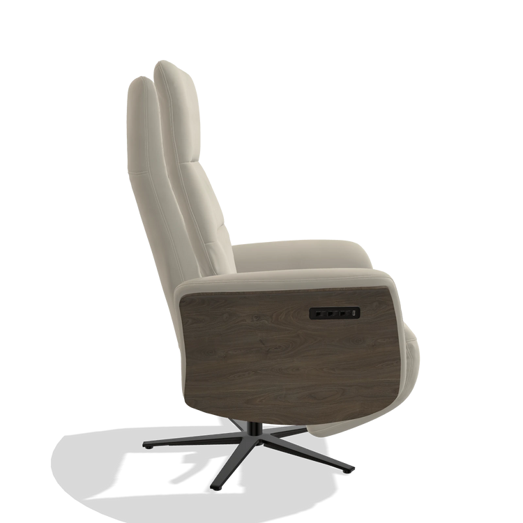 Recliner Atlas 6685 in Leather A822 (light grey), walnut wood side panels, black metal base, side view